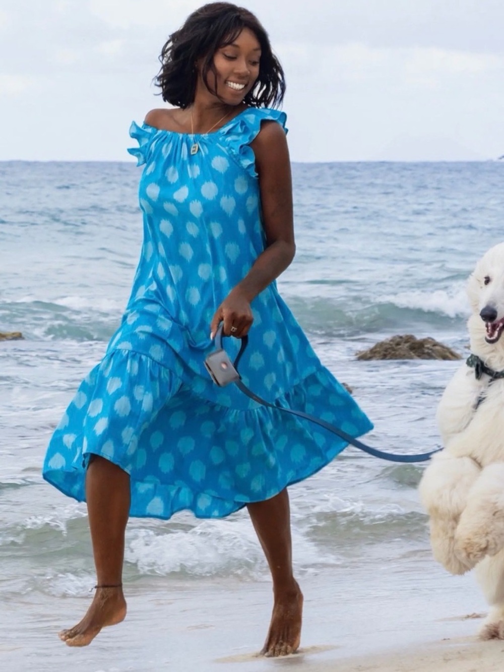 NWT Mer St. Barth Eva Ruffle Dress Cerulean Blue Ikat